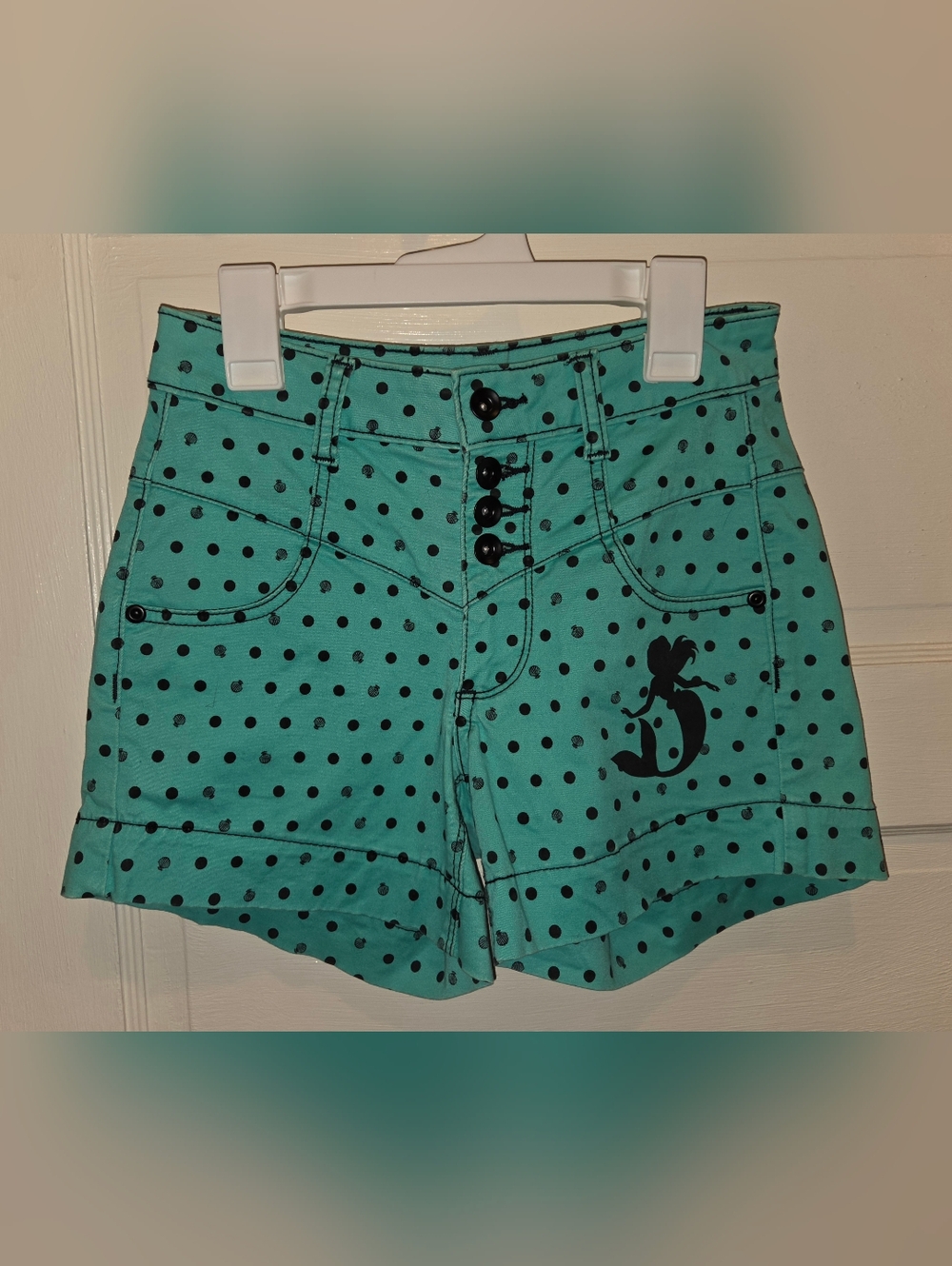Disney High-Waist Teal Polka Dot Shorts with Black Mermaid Graphic